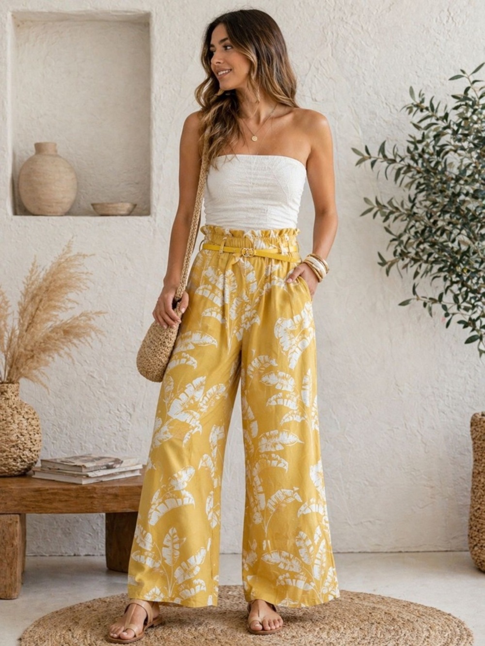 H&M Yellow Wide Leg Waist Pants with White Leaf Print